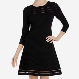 NWT Tahari Black Lurex Sheer Striped Fit & Flare Knit Dress 3/4 Sleeve Size M